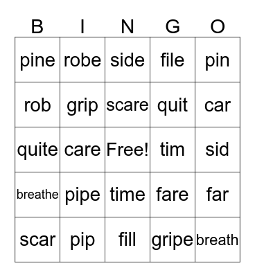 silent e Bingo Card