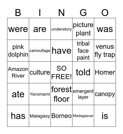 Rainforest Bingo 2 Bingo Card