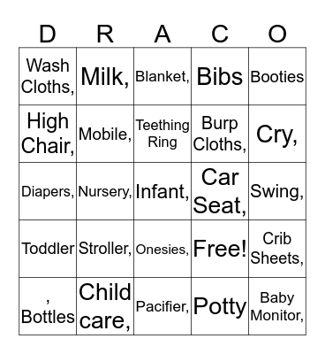 Dre & Chase’s Baby Shower Bingo Card