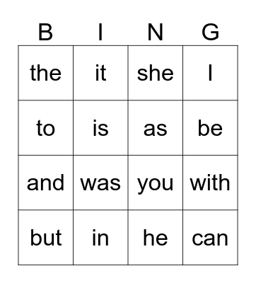 Sight Words Bingo Card