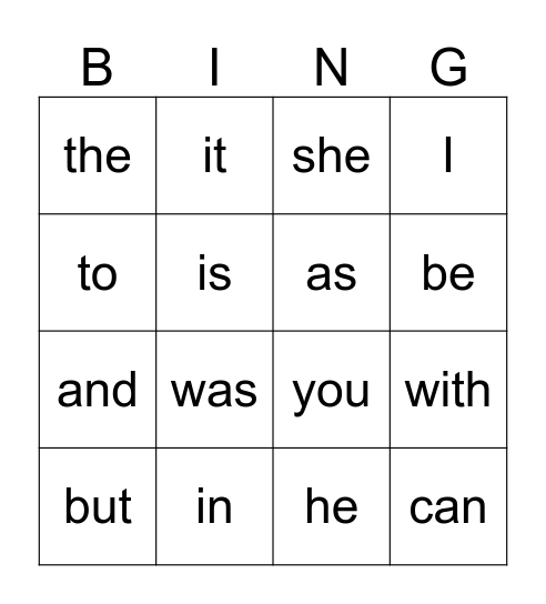 Sight Words Bingo Card