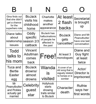 Bojack Horseman season 6 Part 2 Bingo Card