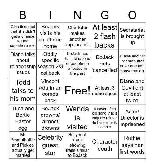 Bojack Horseman season 6 Part 2 Bingo Card