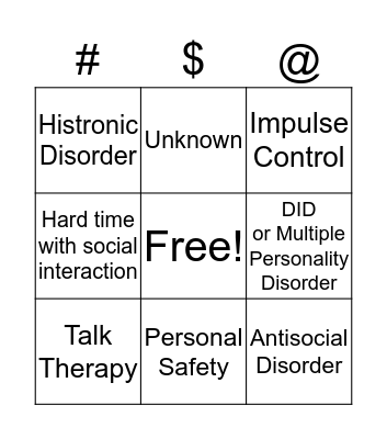 Personality Disorder Bingo Card