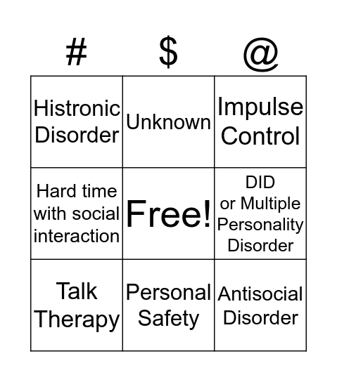 Personality Disorder Bingo Card