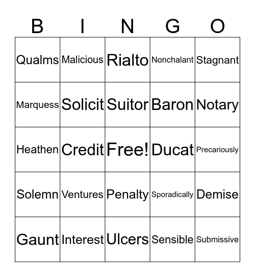 Vocab Unit 4 (CP) - MofV Act 1 Bingo Card