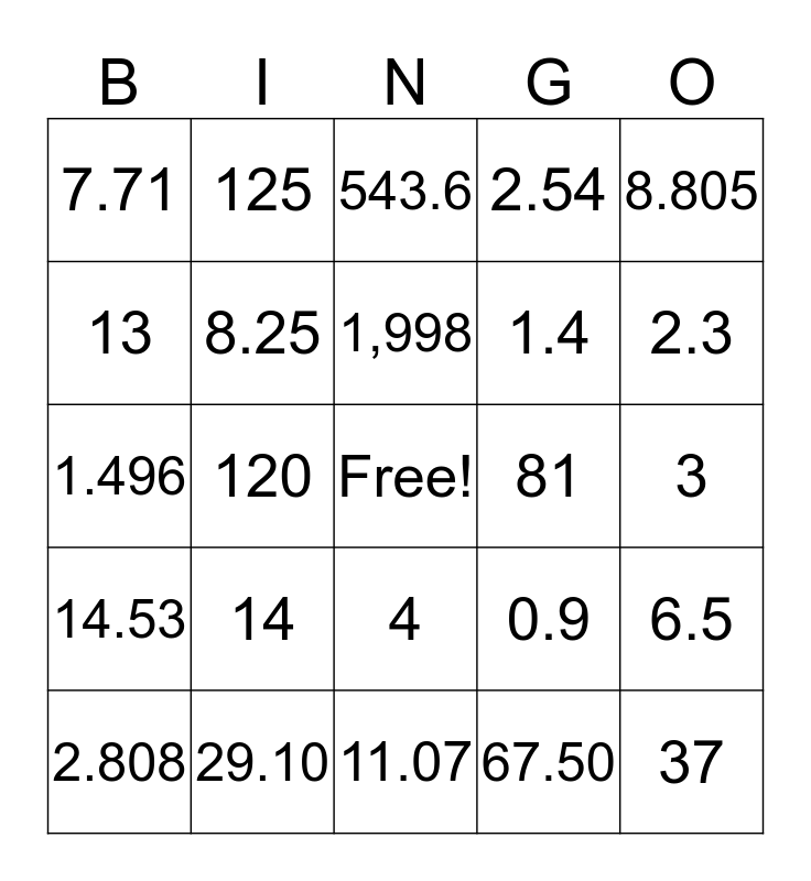 Decimal Bingo Card