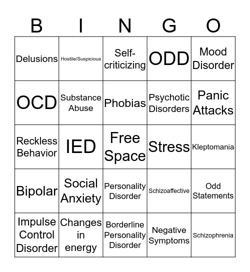 Symptom Management Bingo Card