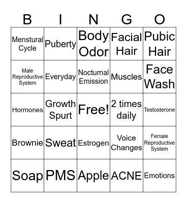 Puberty BINGO Card