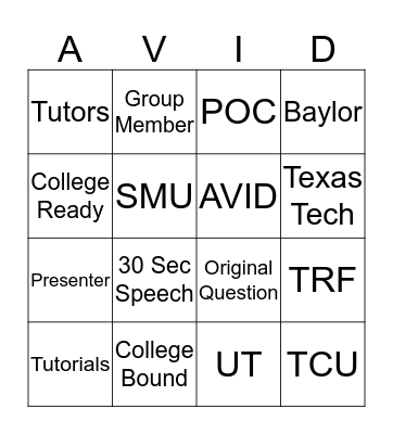 AVIDs-Giving Bingo Card