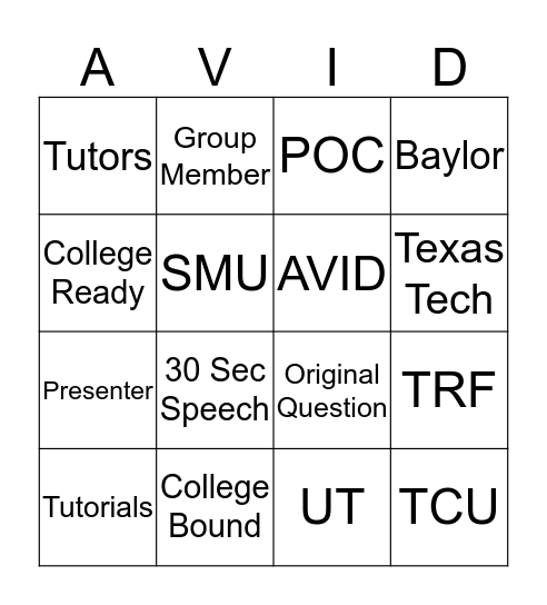 AVIDs-Giving Bingo Card