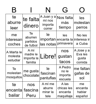 Verbs like Gustar Bingo Card