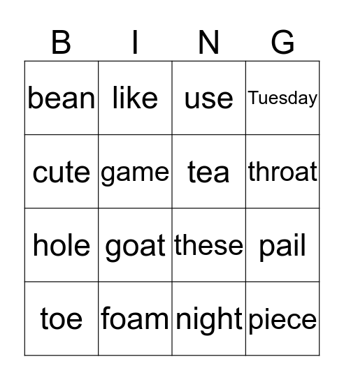 Vowel Team Bingo Card