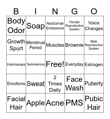 Puberty BINGO Card