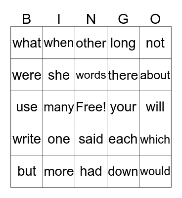 Sight Words Level 1B Bingo Card