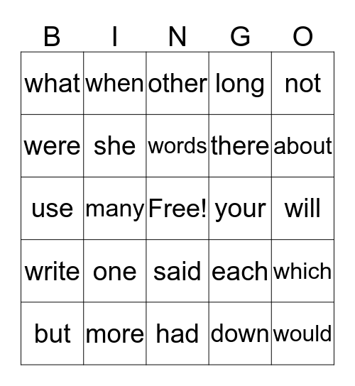 Sight Words Level 1B Bingo Card