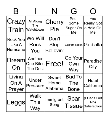 Classic Rock Bingo Card