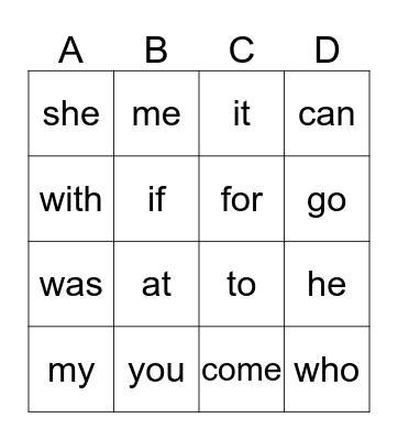 Sight Words Bingo Card