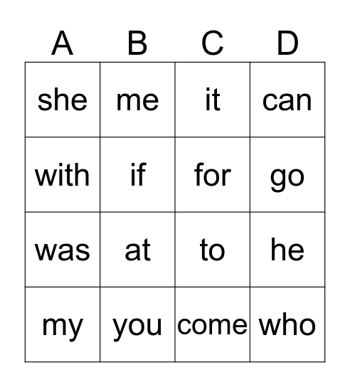 Sight Words Bingo Card