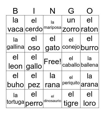 Animal Bingo  Bingo Card