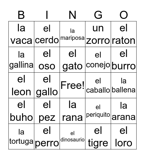 Animal Bingo  Bingo Card