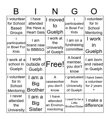 Big Brothers Big Sisters Bingo Card