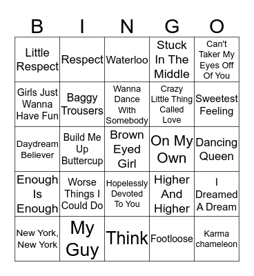 Singing Waitress Bingo Card