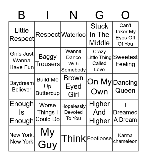 Singing Waitress Bingo Card
