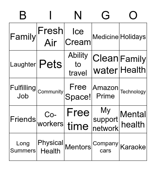 Thankfulness Bingo Card