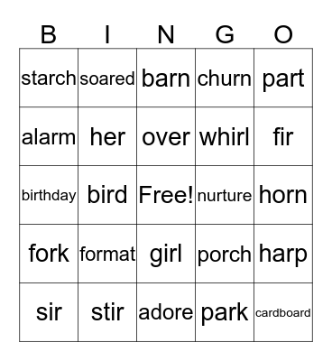 R-Controlled Vowels Bingo Card