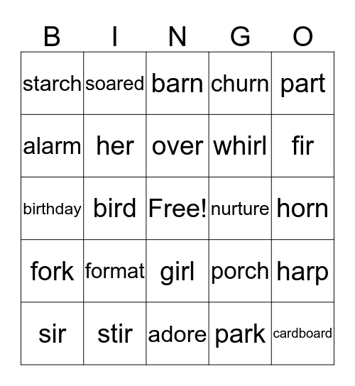 R-Controlled Vowels Bingo Card