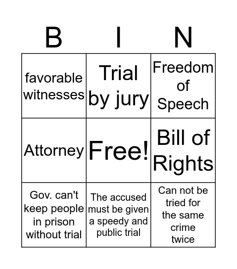 Bill of Rights  Bingo Card