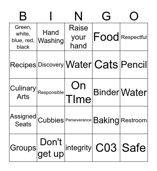 Culinary Arts Classroom Bingo Card