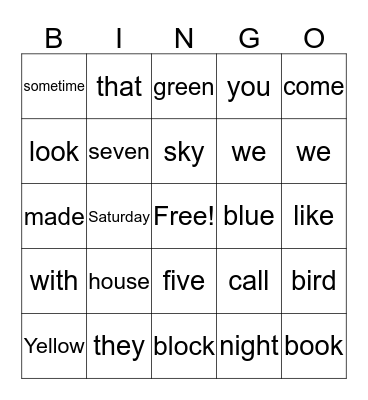 Sight Words Bingo Card