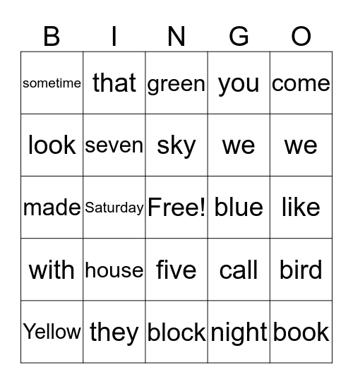 Sight Words Bingo Card