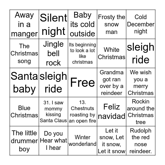 Christmas song BING Bingo Card