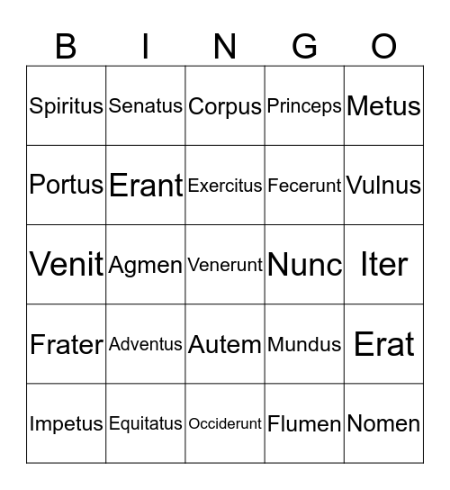 Latin Vocab Bingo Card
