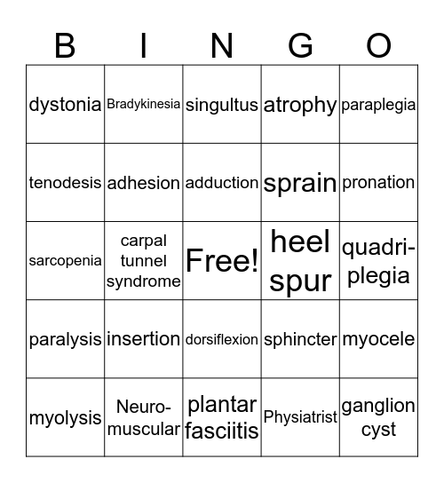 Muscular system Bingo Bingo Card