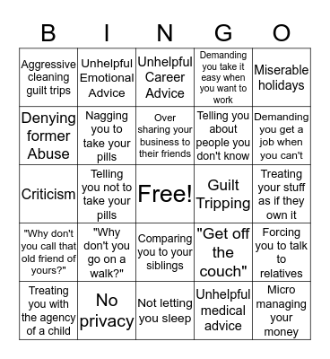 Mentally Ill Adult Living with Family Bingo Card