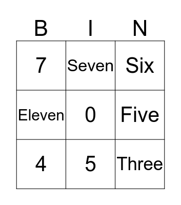 Numbers Bingo Card