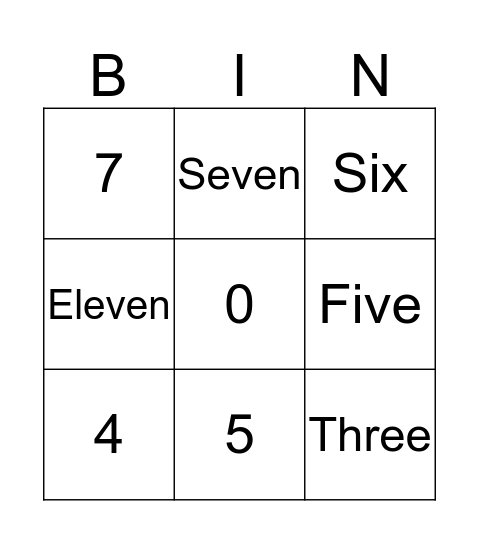 Numbers Bingo Card