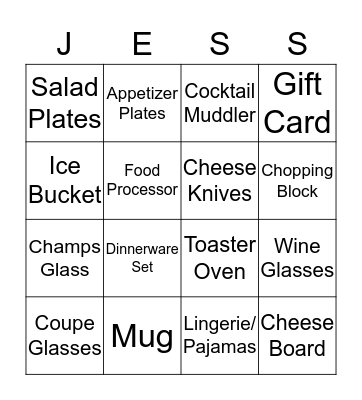 Jess's Bridal Shower Bingo Card