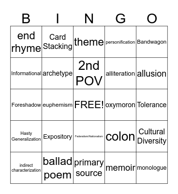 American Literature EOCT Bingo Card