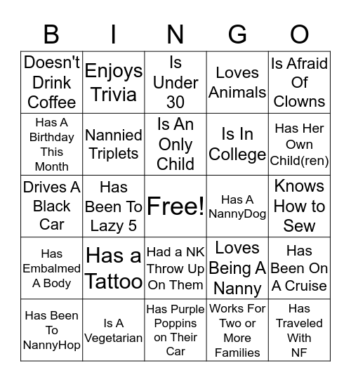 Find a Nanny Who.... Bingo Card