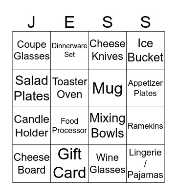 Jess's Bridal Shower Bingo Card