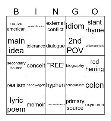 American Literature EOCT Bingo Card