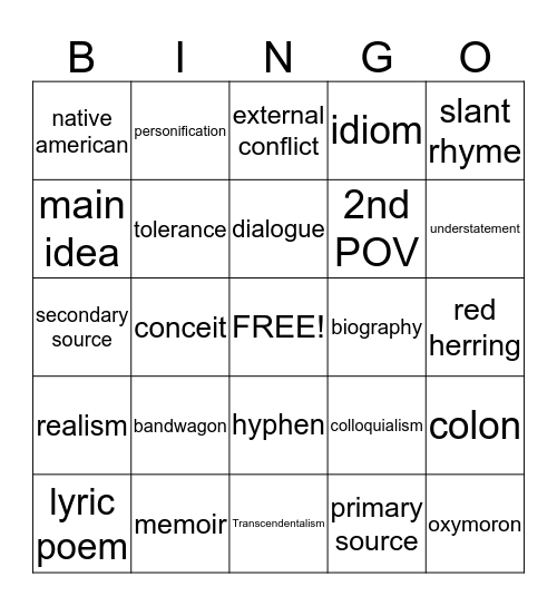 American Literature EOCT Bingo Card