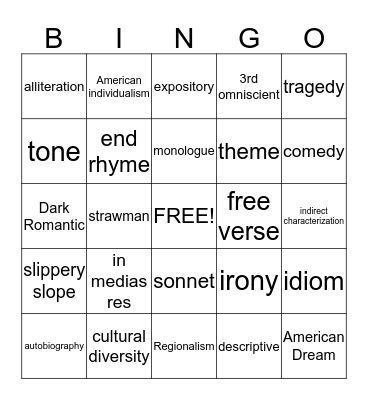 American Literature EOCT Bingo Card