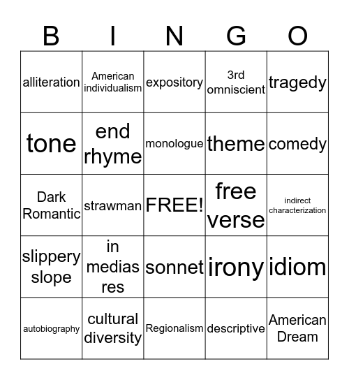 American Literature EOCT Bingo Card
