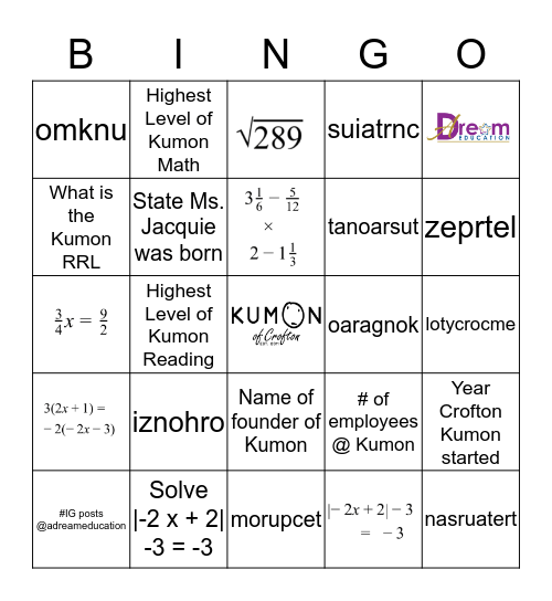 Kumon of Crofton Bingo Card